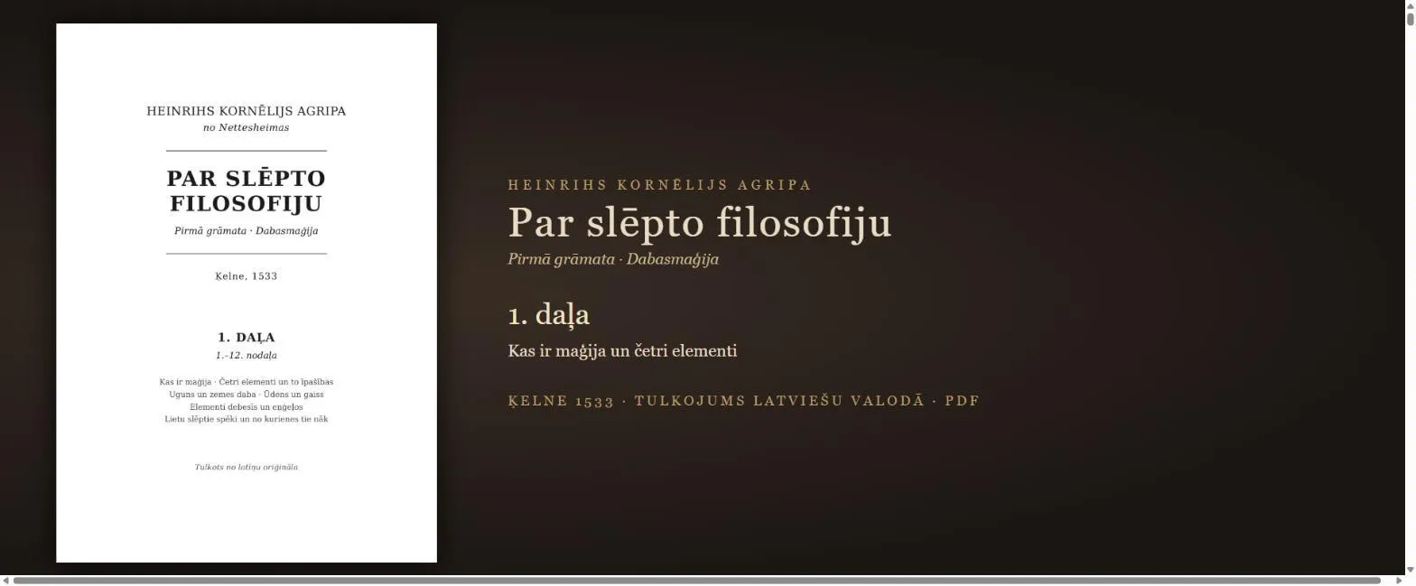 Kas ir maģija un četri elementi — uguns, zeme, ūdens, gaiss un lietu slēptie spēki — 1533. gada grāmata latviski (Agripa, 1. daļa, PDF)