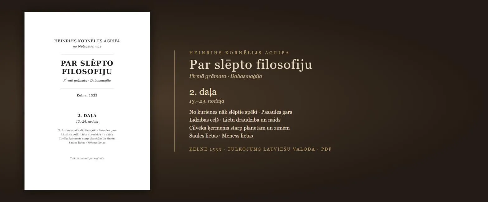 Pasaules gars, lietu draudzība un naids, Saules un Mēness lietas — 1533. gada maģijas grāmata latviski (Agripa, 2. daļa, PDF)