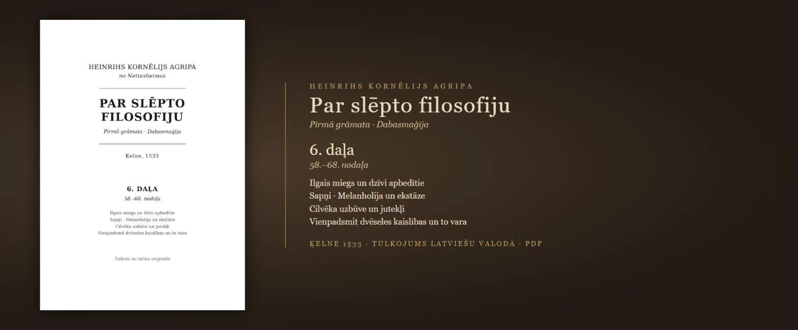 Dzīvi apbedītie, sapņi, melanholija un vienpadsmit dvēseles kaislības — 1533. gada grāmata latviski (Agripa, 6. daļa, PDF)