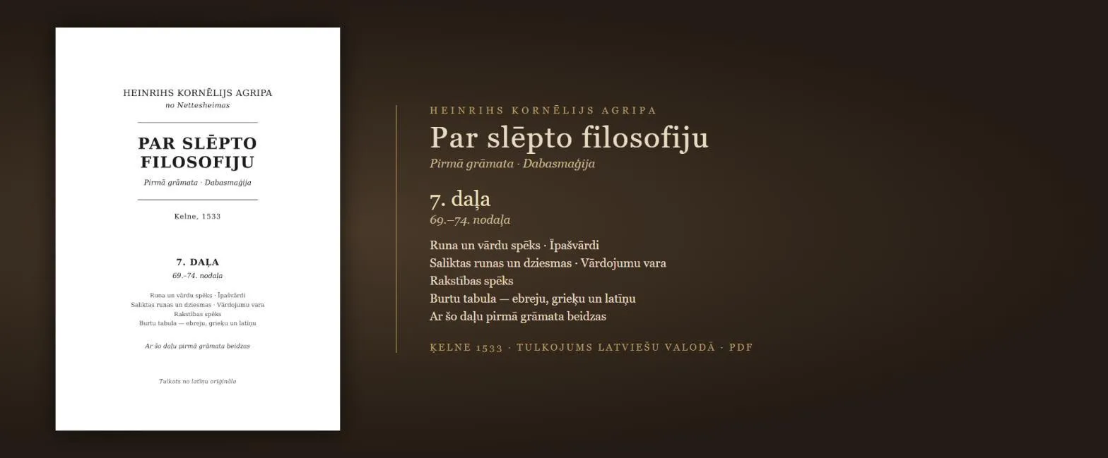 Vārdu, vārdojumu un rakstības spēks, burtu tabula — ebreju, grieķu, latīņu — 1533. gada grāmata latviski (Agripa, 7. daļa, PDF)