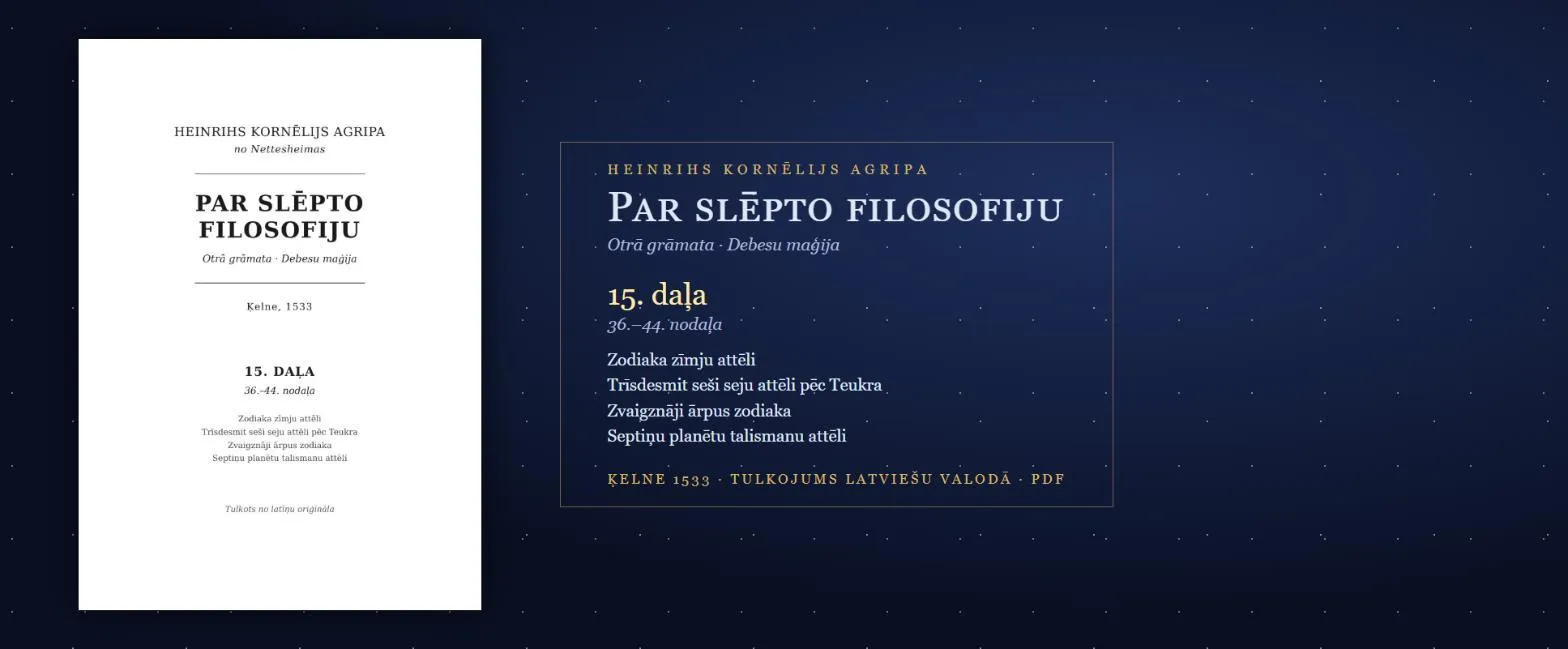 Zodiaka zīmju, 36 seju un septiņu planētu talismanu attēli — 1533. gada maģijas grāmata latviski (Agripa, 15. daļa, PDF)