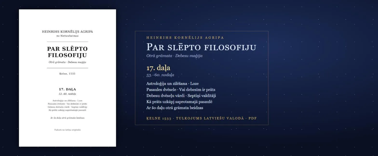 Vai debesīm ir prāts — pasaules dvēsele, loze un septiņi valdītāji — 1533. gada maģijas grāmata latviski (Agripa, 17. daļa, PDF)