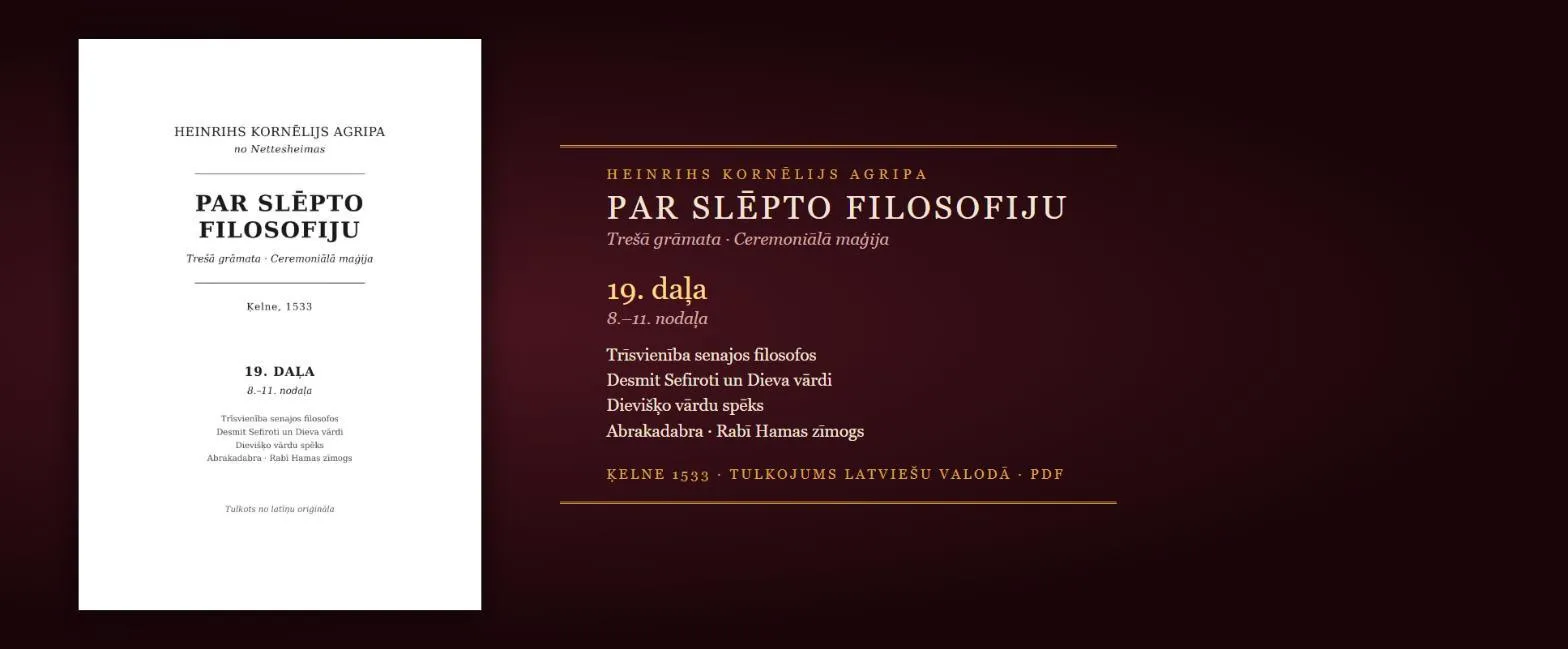 Desmit Sefiroti, dievišķo vārdu spēks un Abrakadabra — 1533. gada maģijas grāmata latviski (Agripa, 19. daļa, PDF)