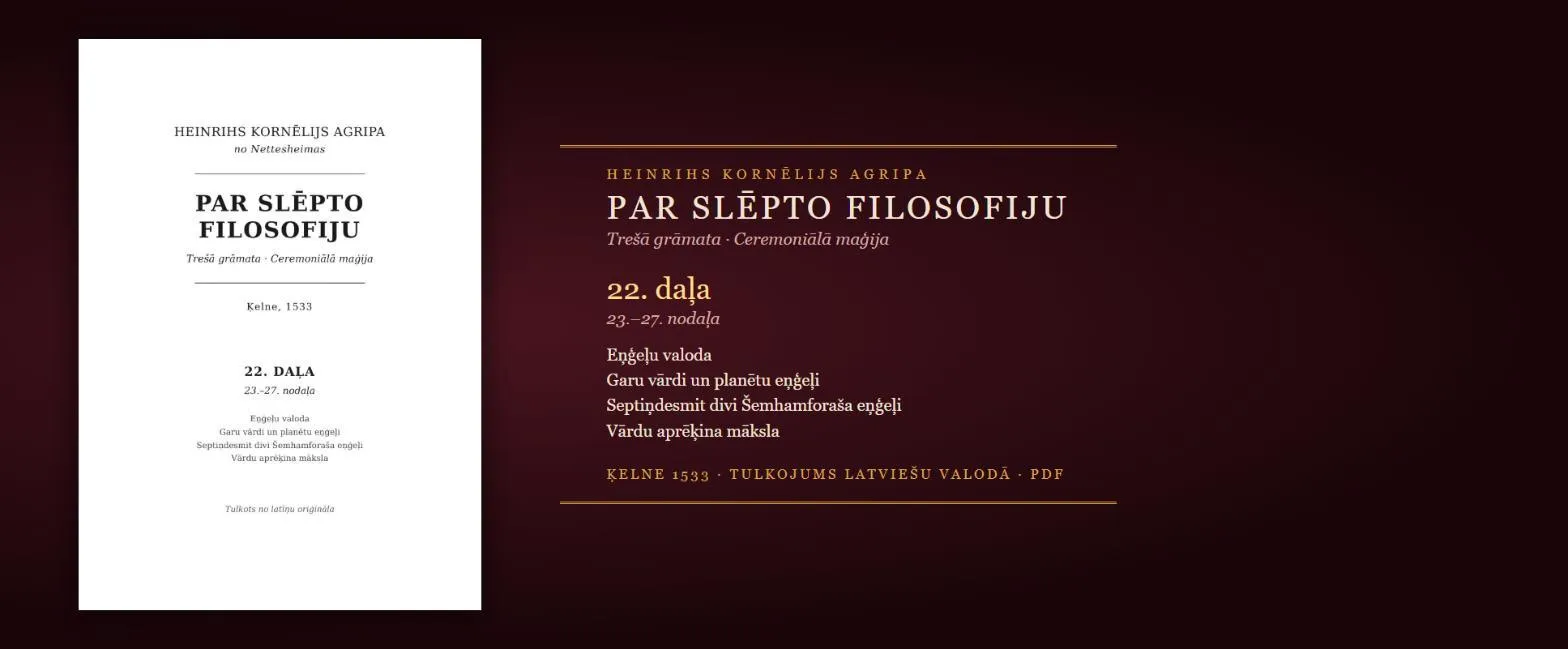 Kā runā eņģeļi, garu vārdi un 72 Šemhamforaša eņģeļi — 1533. gada maģijas grāmata latviski (Agripa, 22. daļa, PDF)