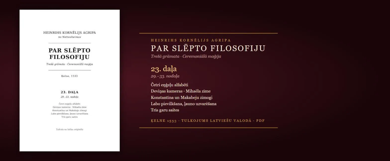 Četri eņģeļu alfabēti, Mihaēla zīme un garu saites — 1533. gada maģijas grāmata latviski (Agripa, 23. daļa, PDF)