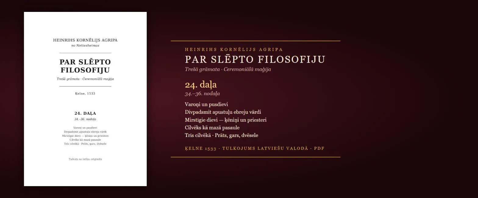 Merlins, pusdievi, mirstīgie dievi un cilvēks kā mazā pasaule — 1533. gada maģijas grāmata latviski (Agripa, 24. daļa, PDF)