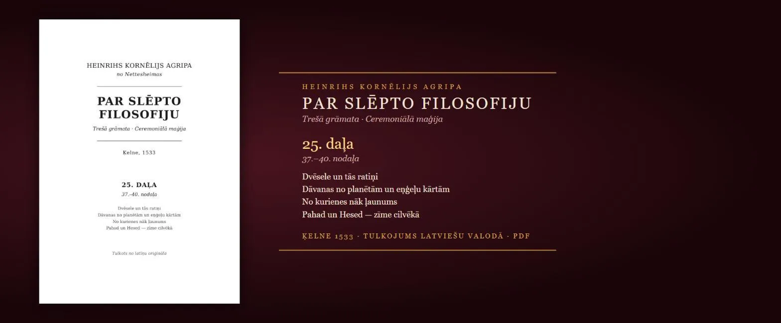 Dvēseles ratiņi, planētu dāvanas un no kurienes nāk ļaunums — 1533. gada maģijas grāmata latviski (Agripa, 25. daļa, PDF)