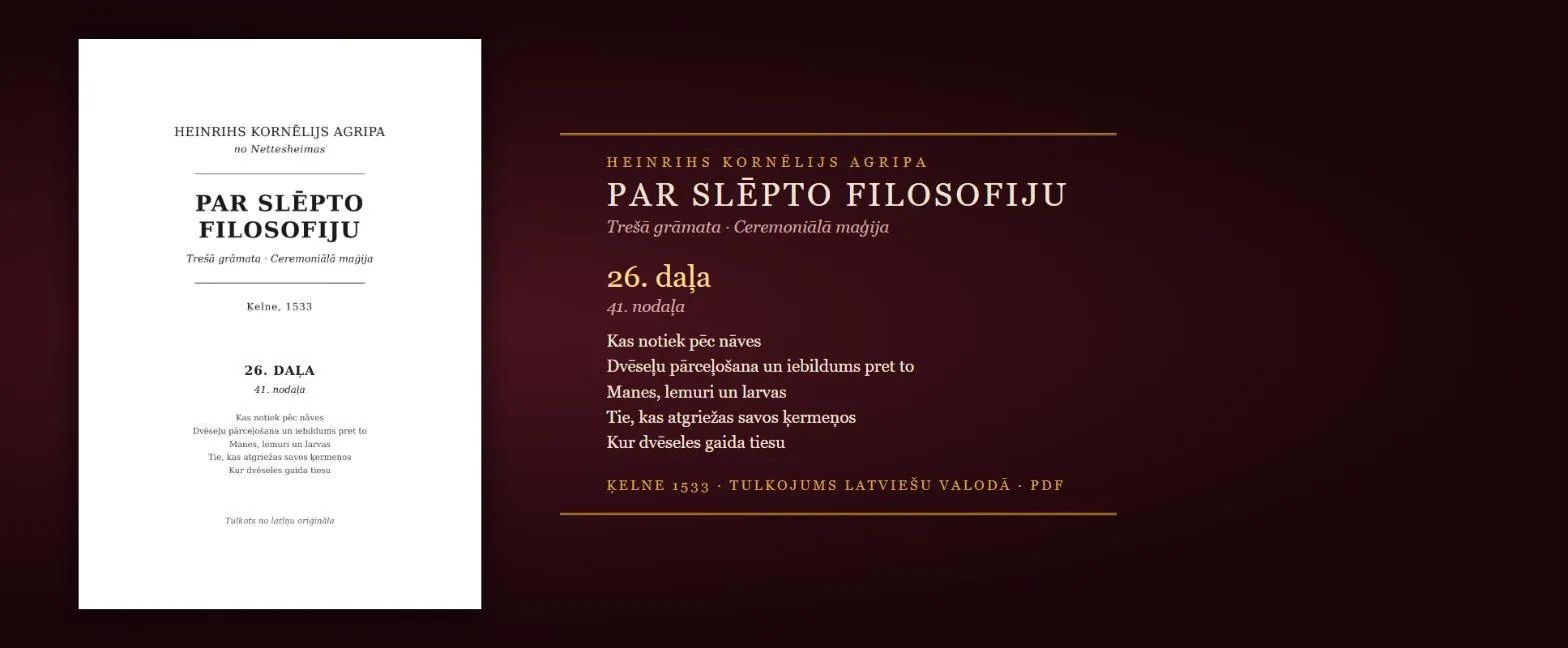 Kas notiek pēc nāves — lemuri, larvas un tie, kas atgriežas no kapa — 1533. gada grāmata latviski (Agripa, 26. daļa, PDF)