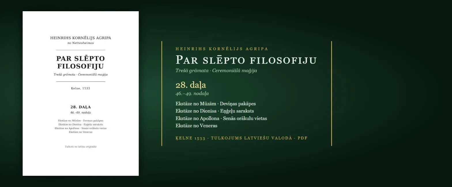 Četri ekstāzes veidi — Mūzas, Dionīss, Apollons, Venera — un senās orākulu vietas — 1533. gada grāmata latviski (Agripa, 28. daļa, PDF)