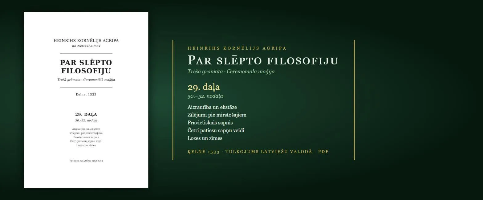 Kā redzēt pravietisku sapni, mirstošo vārdi un lozes — 1533. gada maģijas grāmata latviski (Agripa, 29. daļa, PDF)