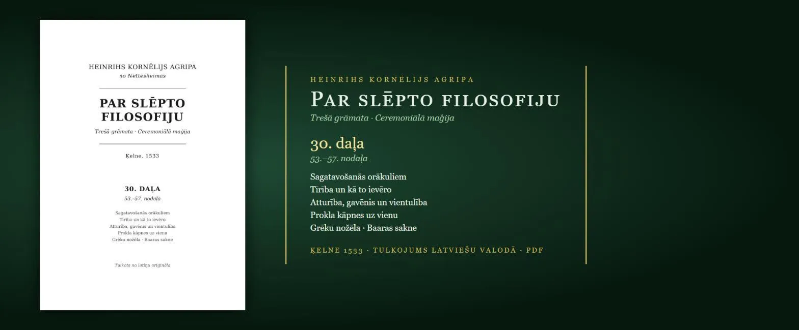 Sagatavošanās orākuliem — tīrība, gavēnis, Prokla kāpnes un mandragoras leģenda — 1533. gada grāmata latviski (Agripa, 30. daļa, PDF)