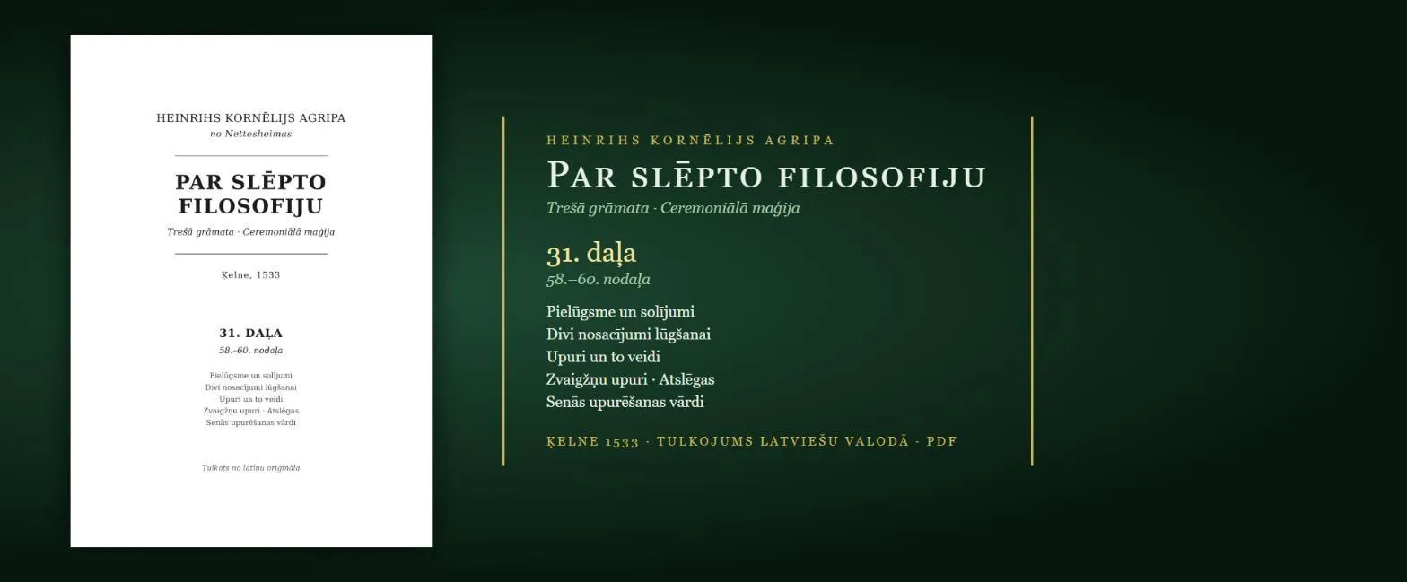 Divi lūgšanas nosacījumi, zvaigžņu upuri un senās upurēšanas vārdi — 1533. gada maģijas grāmata latviski (Agripa, 31. daļa, PDF)