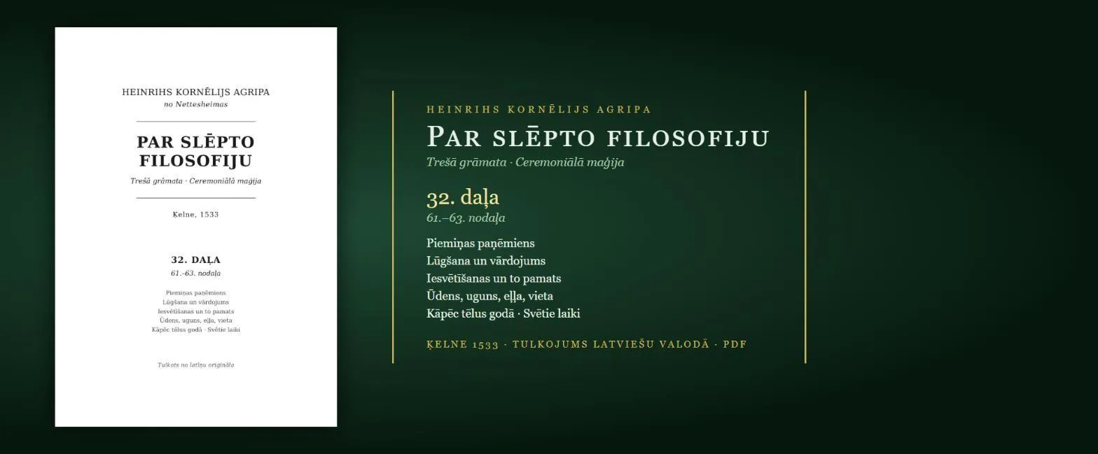 Iesvētīšana — ūdens, uguns, eļļa, zobens; piemiņas paņēmiens un kāpēc tēlus godā — 1533. gada grāmata latviski (Agripa, 32. daļa, PDF)